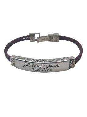Brighton ID Bracelet Silver Plated Follow Your Heart Bar Brown Leather Cord
